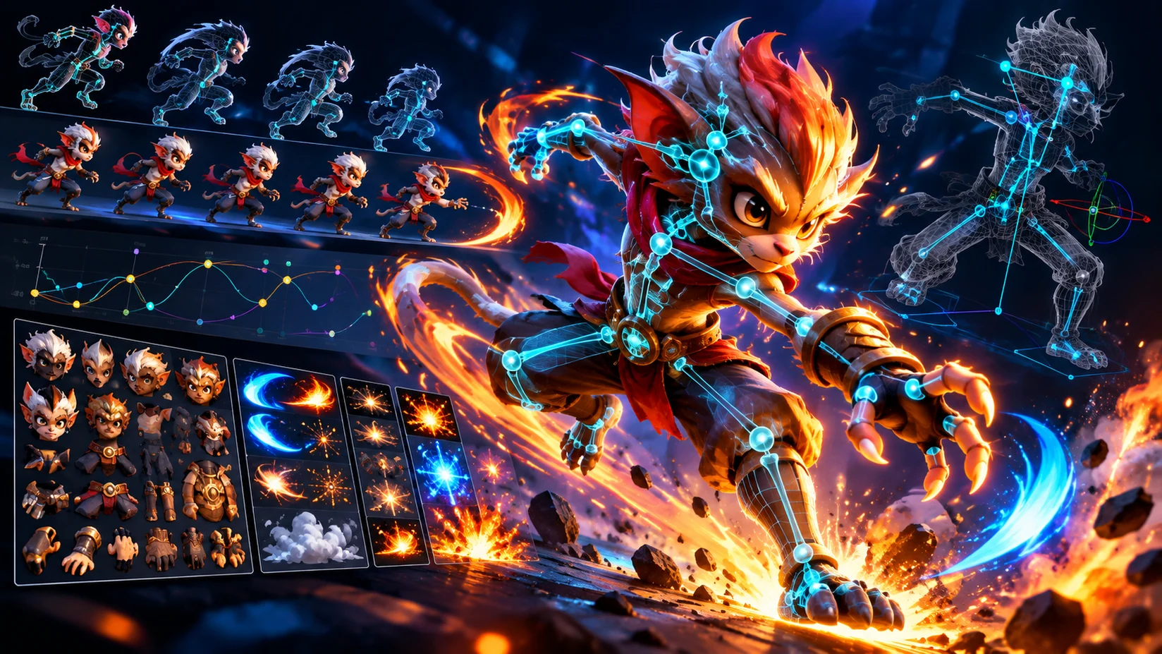 Character animation, skeletal rigging and game visual effects concept